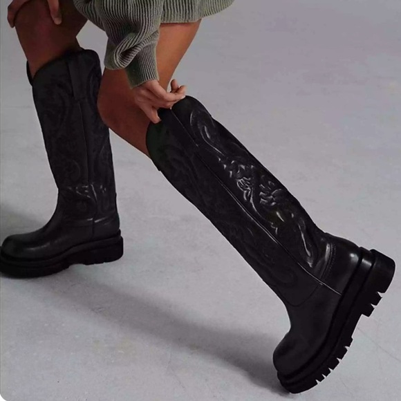Jeffrey Campbell Shoes - Jeffrey Campbell Black Over-the-Knee Embossed Leather Boots